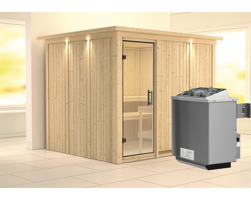 Sauna modulaire Karibu Gobina avec poêle 9 kW et commande intégrée avec couronne et portes entièrement vitrées transparentes