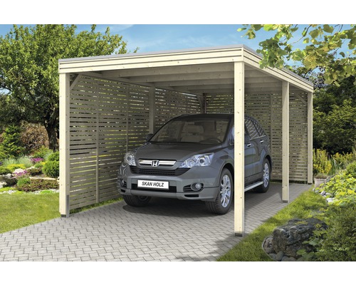 Carport simple SKAN HOLZ de forme cubique avec panneaux latéraux et arrière 294x574 cm naturel