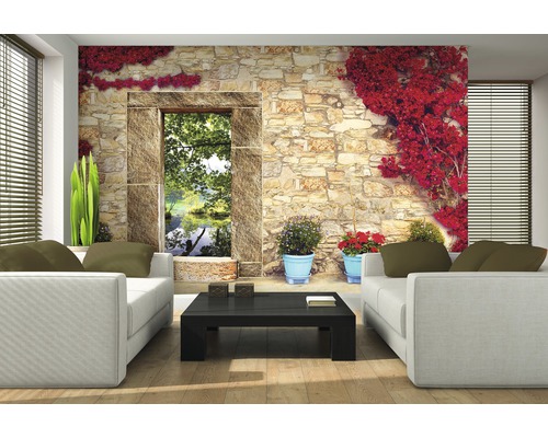 Wohnzimmer mit Fototapete einer Steinmauer mit Fenster und Pflanzen