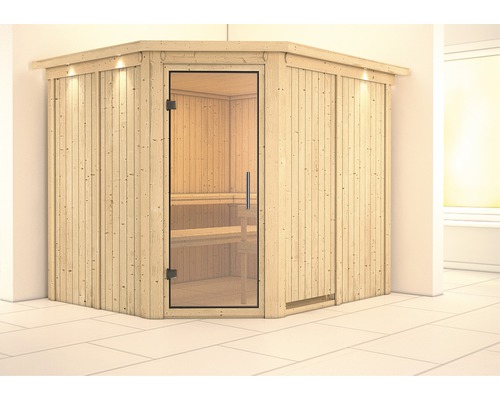 Sauna modulaire Karibu Malina sans poêle avec couronne et portes entièrement vitrées transparentes