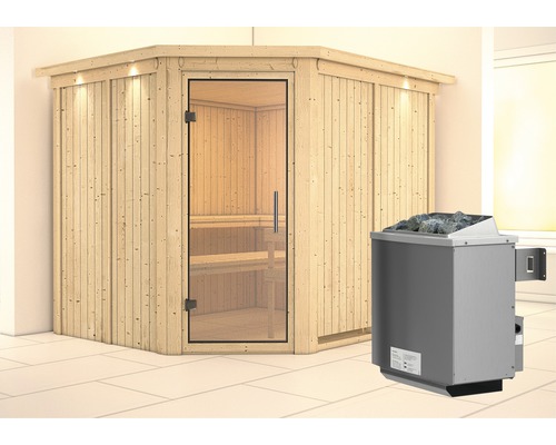 Sauna modulaire Karibu Malina avec poêle 9 kW et commande intégrée avec couronne et portes entièrement vitrées transparentes
