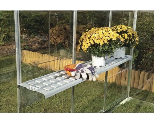 Gewächshausregal mit gelben Blumen in Töpfen, Gartenhandschuhen und kleinem Korb im Gewächshaus