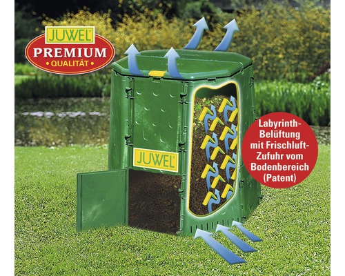 Composteur en plastique avec système de ventilation et porte ouverte