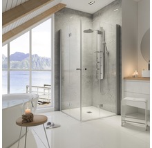 Modernes Badezimmer mit Duschkabine, Badewanne, Waschtisch und Hocker
