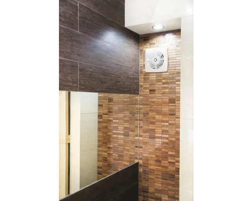 Badezimmerwand mit Fliesen in Holzoptik und Lüfter