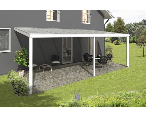 Terrasse avec auvent, mobilier de jardin et plantes