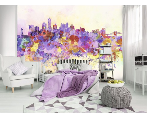 Chambre avec papier peint photo représentant une ligne d''horizon avec des éclaboussures de peinture