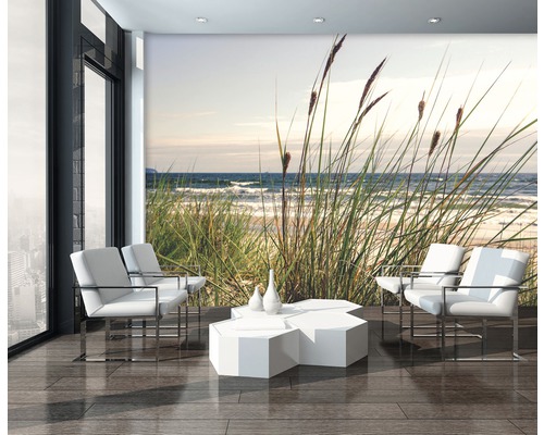 Salon moderne avec papier peint de plage et meubles blancs