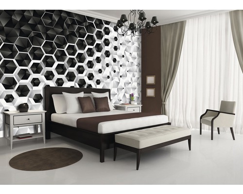 Chambre à coucher avec lit, table de chevet et revêtement mural design moderne