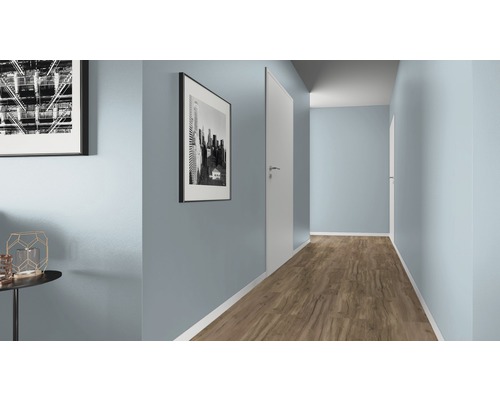 Couloir avec plancher en bois, portes blanches et photos encadrées aux murs.