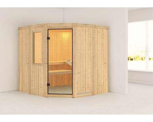 Sauna modulaire Karibu Soma I sans poêle ni couronne, avec fenêtre et porte vitrée coloris bronze