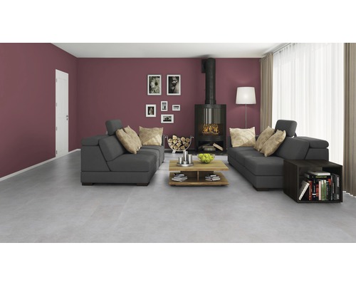 Salon avec canapés gris, cheminée et table basse