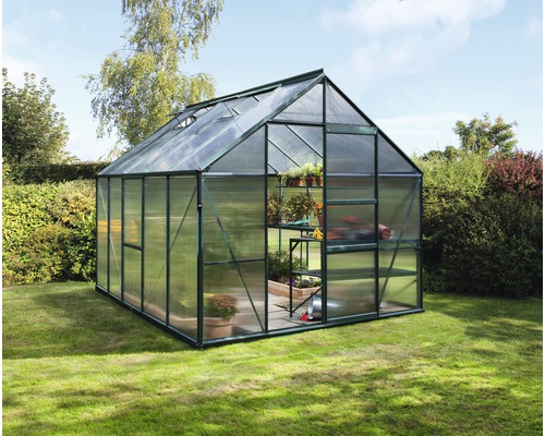 Gewächshaus Vitavia Meridian 1 8300 Hohlkammerplatten 4 mm 257x321 cm smaragd Gewächshaus mit Regalen im Garten