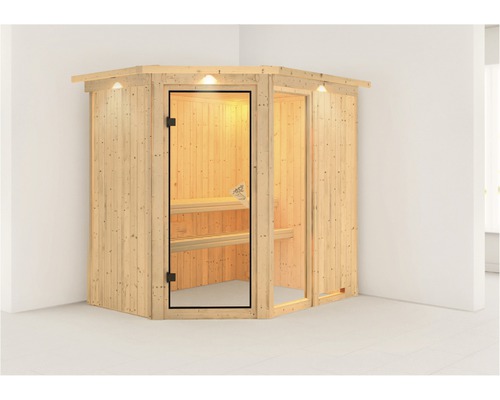 Sauna modulaire Karibu Siona I sans poêle, avec couronne et porte vitrée coloris bronze