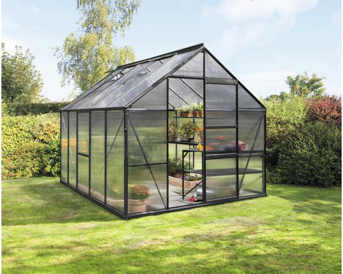 Gewächshaus Vitavia Meridian 1 8300 Hohlkammerplatten 4 mm 257x321 cm schwarz Gewächshaus im Garten mit Pflanzenregal