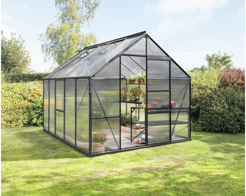Gewächshaus Vitavia Meridian 1 8300 Hohlkammerplatten 6 mm 257x321 cm schwarz Gewächshaus mit Regalen im Garten