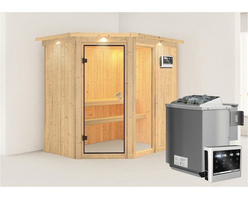 Elementsauna Karibu Siona I inkl. 9 kW Bio Ofen u.ext.Steuerung mit Dachkranz und bronzierter Ganzglastüre