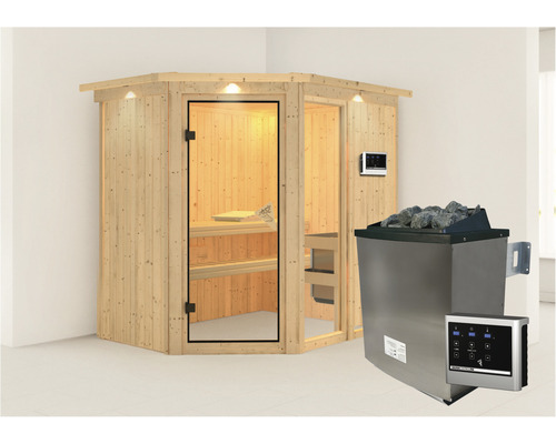 Sauna modulaire Karibu Siona I avec poêle 9 kW et commande externe, avec couronne et porte vitrée coloris bronze