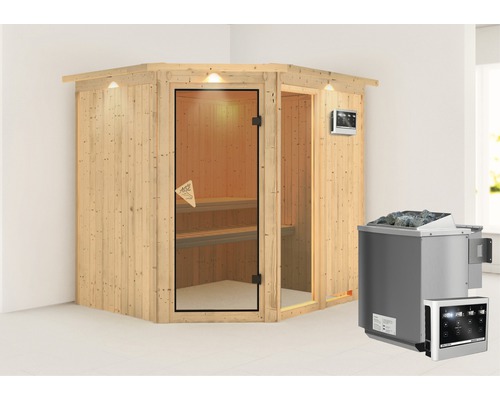 Elementsauna Karibu Siona II inkl. 9 kW Bio Ofen u.ext.Steuerung mit Dachkranz und bronzierter Ganzglastüre