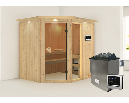 Sauna modulaire Karibu Siona II avec poêle 9 kW et commande externe, avec couronne et porte vitrée coloris bronze