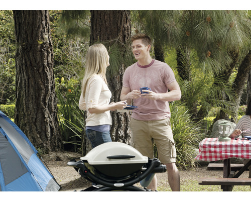 Szene im Freien mit Grill, Zelt und Menschen bei einem Picknick