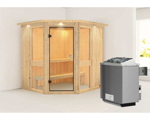 Sauna modulaire Karibu Omelia I avec poêle 9 kW et commande intégrée avec couronne et portes entièrement vitrées coloris bronze