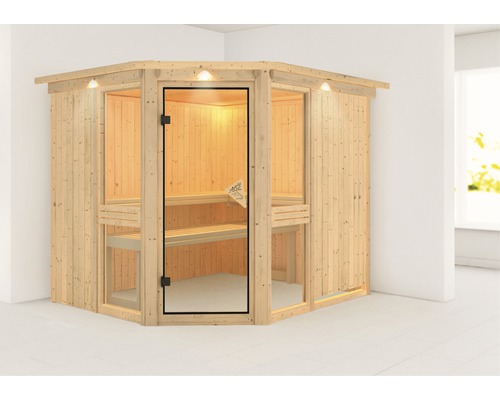 Sauna modulaire Karibu Omelia III sans poêle avec couronne et portes vitrées coloris bronze