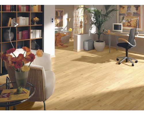 Heller Wohnraum mit Laminatboden, Bücherregal und Schreibtisch