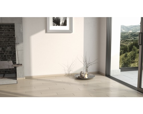 Heller Raum mit Holzboden, Kamin und Terrassentür