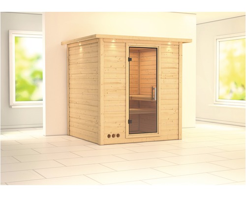Sauna en bois massif Karibu Wojave sans poêle, avec couronne, avec porte entièrement vitrée en verre transparent