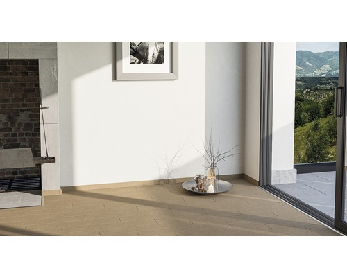 Pièce lumineuse avec carrelage en terre cuite, cheminée et porte de patio donnant sur le jardin