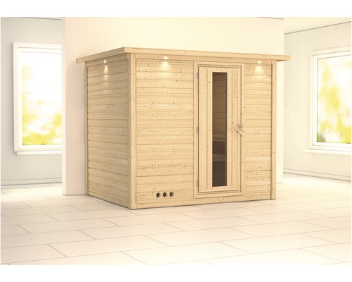 Sauna en madriers Karibu Coral sans poêle avec couronne et portes en bois avec verre isolé thermiquement