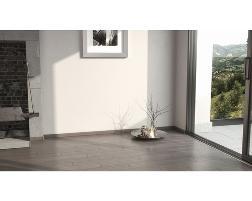 Intérieur avec plancher en bois et vue à travers une porte-fenêtre sur la verdure