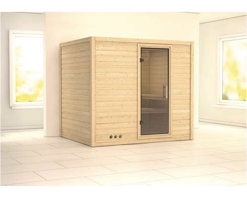 Sauna en madriers Karibu Monara sans poêle ni couronne avec porte entièrement vitrée transparente