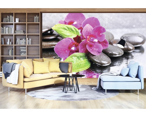 Wohnzimmer mit Sofa, Sessel, Tisch und Fototapete mit Orchideen und Steinen
