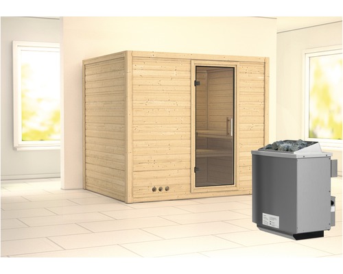 Sauna en madriers Karibu Monara avec poêle 9 kW et commande intégrée sans couronne avec porte entièrement vitrée transparente