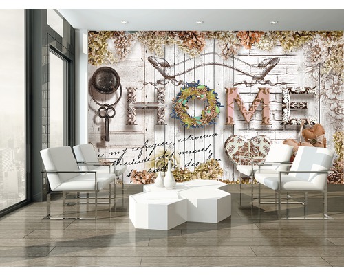 Wohnzimmer mit Fototapete mit Home Design, Stühlen und Tisch