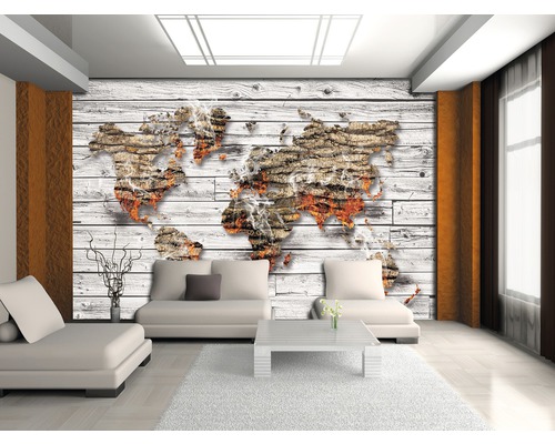 Salon avec un papier peint photo représentant une carte du monde en bois