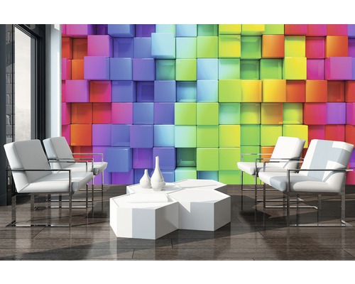 Papier peint photo avec des cubes colorés et des meubles design dans une pièce lumineuse