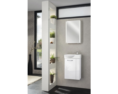 Salle de bains avec meuble-lavabo, armoire de toilette et séparation de pièce avec étagères