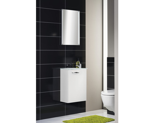 Salle de bain moderne avec meuble-lavabo, armoire de toilette et WC.