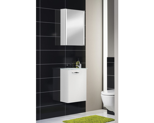 Salle de bains moderne avec armoire de toilette, meuble sous-lavabo et toilettes