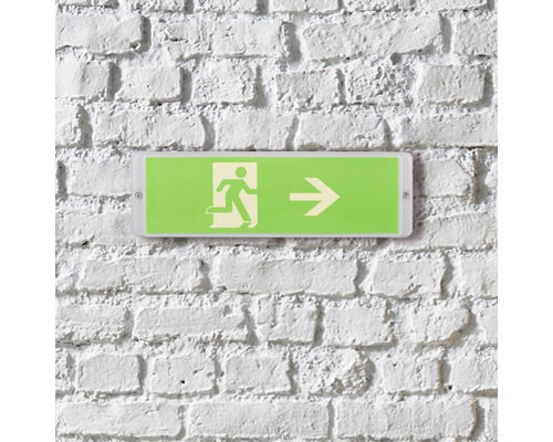 Grünes Notausgangsschild mit Richtungspfeil an einer Wand