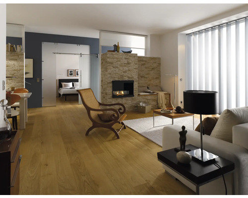 Pièce à vivre lumineuse avec cheminée, parquet, canapé, fauteuil et porte coulissante vers la chambre à coucher