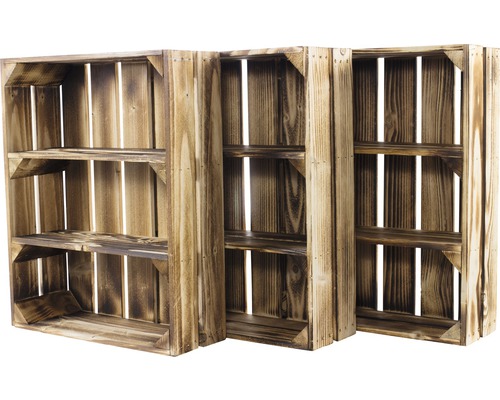 Trois caisses en bois avec deux étagères