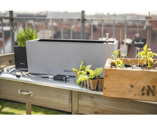 Scène avec table de plantation, bacs à plantes et accessoires de jardin pour l''extérieur.