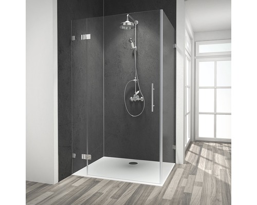 Porte de douche avec paroi latérale Schulte Davita en verre transparent, prise de mesures, livraison, montage et revêtement de la vitre résistant à la saleté compris dans le prix