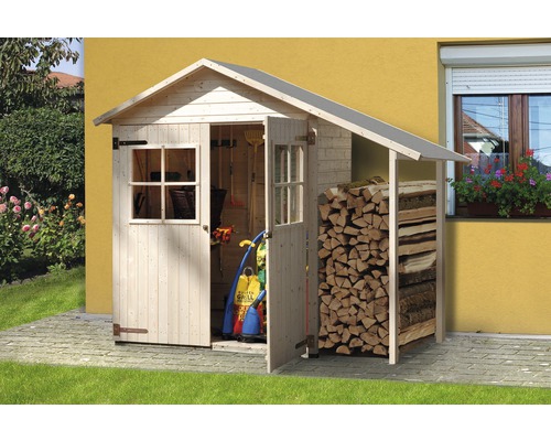 Remise à outils weka 357 avec toit en appentis et plancher 245 x 105 cm naturel Abri de jardin en bois avec porte ouverte et pile de bois