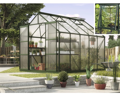 Gewächshaus Vitavia Jupiter 8300 Hohlkammerplatten 4 mm 257x321 cm smaragd Gewächshaus mit Regalen und Pflanzen im Garten
