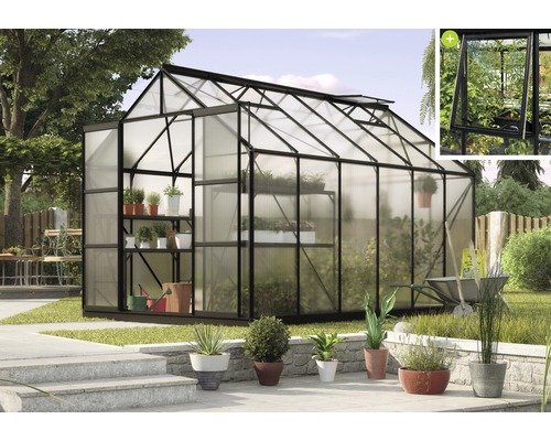Gewächshaus Vitavia Jupiter 9900 Hohlkammerplatten 4 mm 257x383 cm schwarz Gewächshaus mit Regalen im Garten.